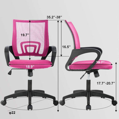 Silla de oficina ergonómica moderna de malla rosa con respaldo medio, reposabrazos y ruedas