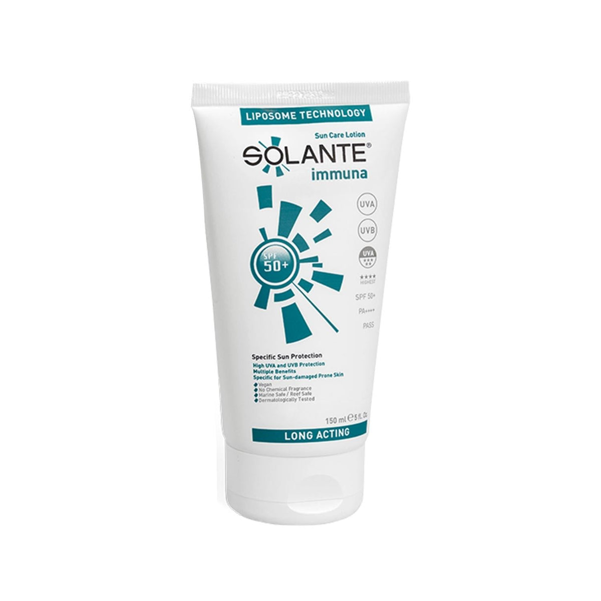 Solante Immuna SPF 50+ sunscreen lotion by Beauty Care Bag in white tube with teal accents on Tampa Home & Garden Store