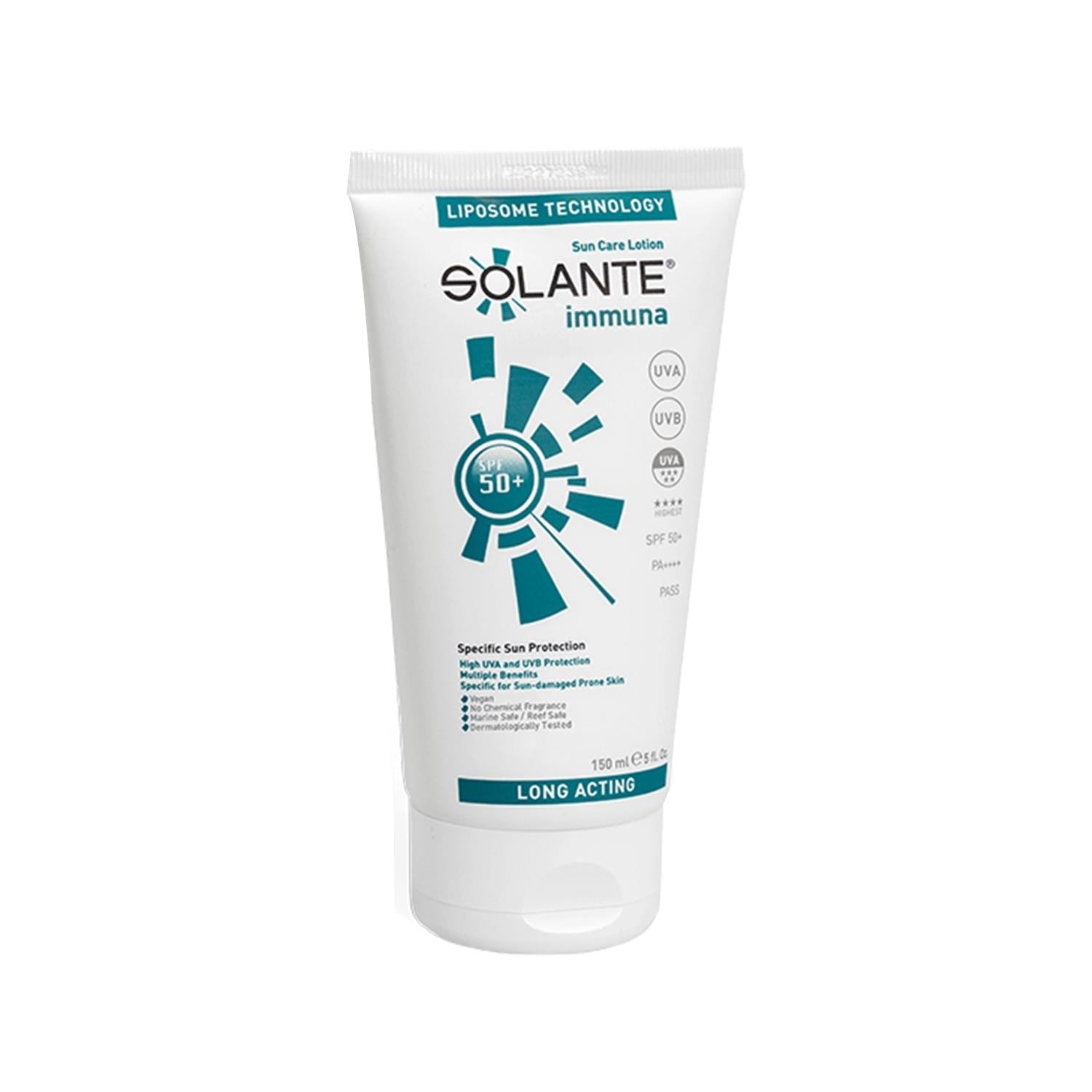 Solante Immuna SPF 50+ sunscreen lotion by Beauty Care Bag in white tube with teal accents on Tampa Home & Garden Store