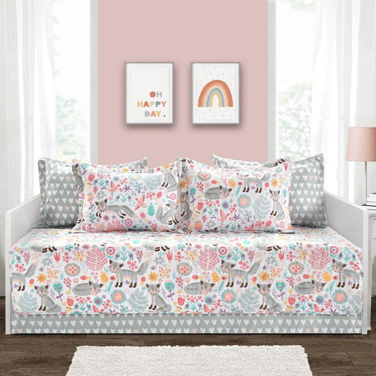 Juego de ropa de cama de 6 piezas con funda para cama nido de zorros florales en rosa, verde azulado, naranja y gris
