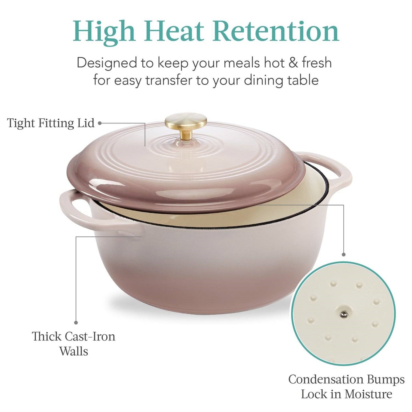 Olla Holandesa de Hierro Fundido Esmaltado de 5.7 Litros Grande Rosa Beige Blanco Roto Utensilios de Cocina