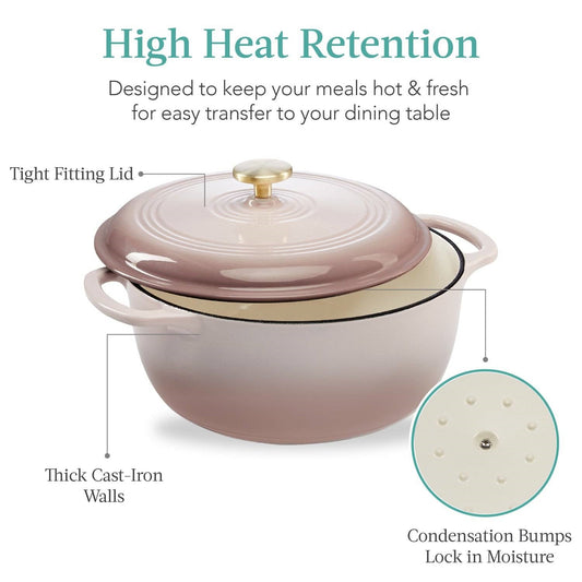 Olla Holandesa de Hierro Fundido Esmaltado de 5.7 Litros Grande Rosa Beige Blanco Roto Utensilios de Cocina