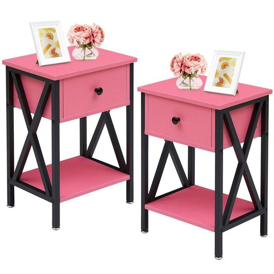 Set of 2 - 1-Drawer Nightstand Bedside Table in Pink and Black - Tampa Home & Garden Store