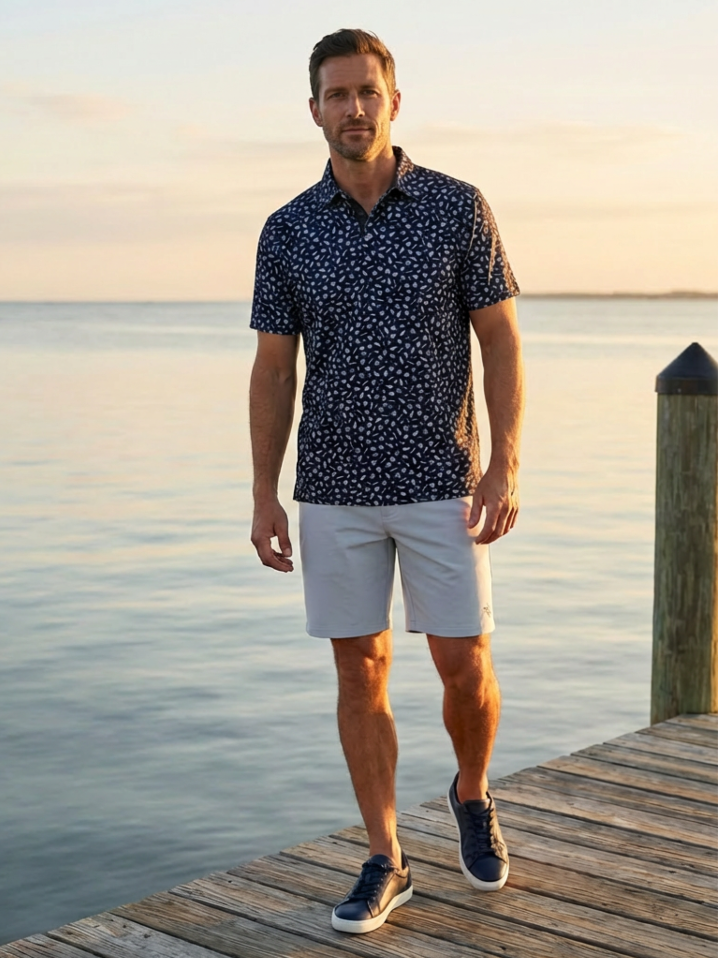 Pirate Polo navy polo shirt with white print by White Water Life on a man at sunset by a dock on Tampa Home & Garden Store