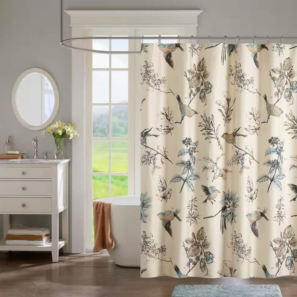 Cortina de ducha de algodón de 72 pulgadas color beige caqui con estampado floral de pájaros vintage