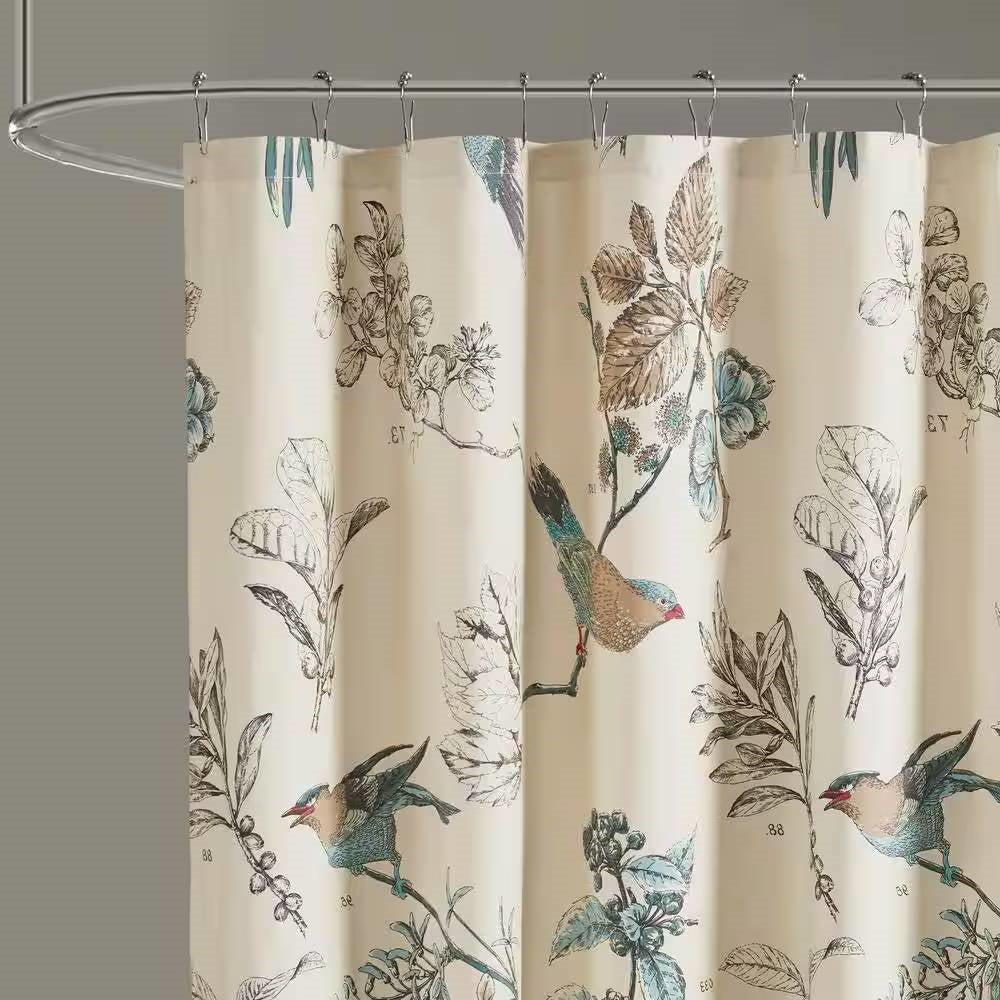 Cortina de ducha de algodón de 72 pulgadas color beige caqui con estampado floral de pájaros vintage