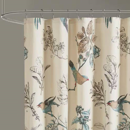 Cortina de ducha de algodón de 72 pulgadas color beige caqui con estampado floral de pájaros vintage