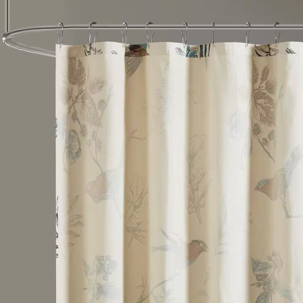 Cortina de ducha de algodón de 72 pulgadas color beige caqui con estampado floral de pájaros vintage