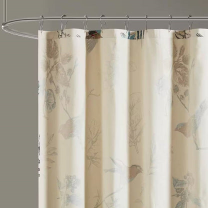 Cortina de ducha de algodón de 72 pulgadas color beige caqui con estampado floral de pájaros vintage