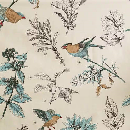 Cortina de ducha de algodón de 72 pulgadas color beige caqui con estampado floral de pájaros vintage