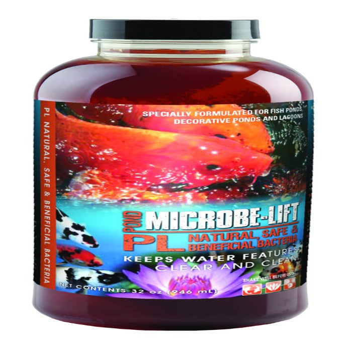 Microbe-Lift PL pond bacteria liquid & granular, Rivendell Distribution, red liquid in jar on Tampa Home & Garden Store