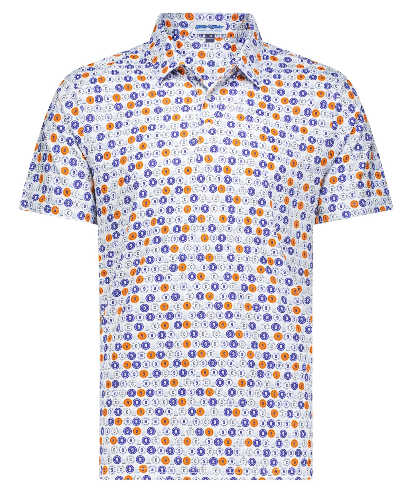 Clark Gillies Foundation Polo by White Water Life, blue polo with orange navy circle pattern on Tampa Home & Garden Store