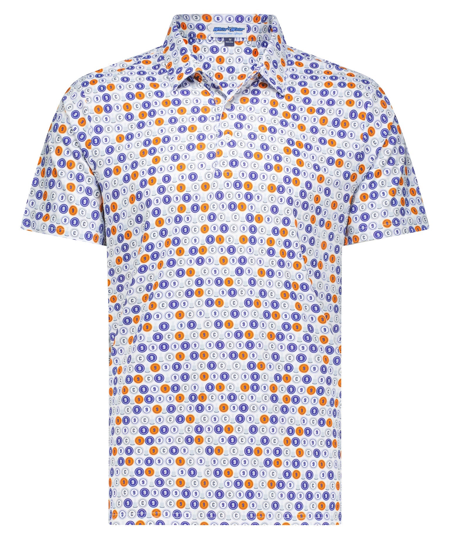 Clark Gillies Foundation Polo by White Water Life, blue polo with orange navy circle pattern on Tampa Home & Garden Store