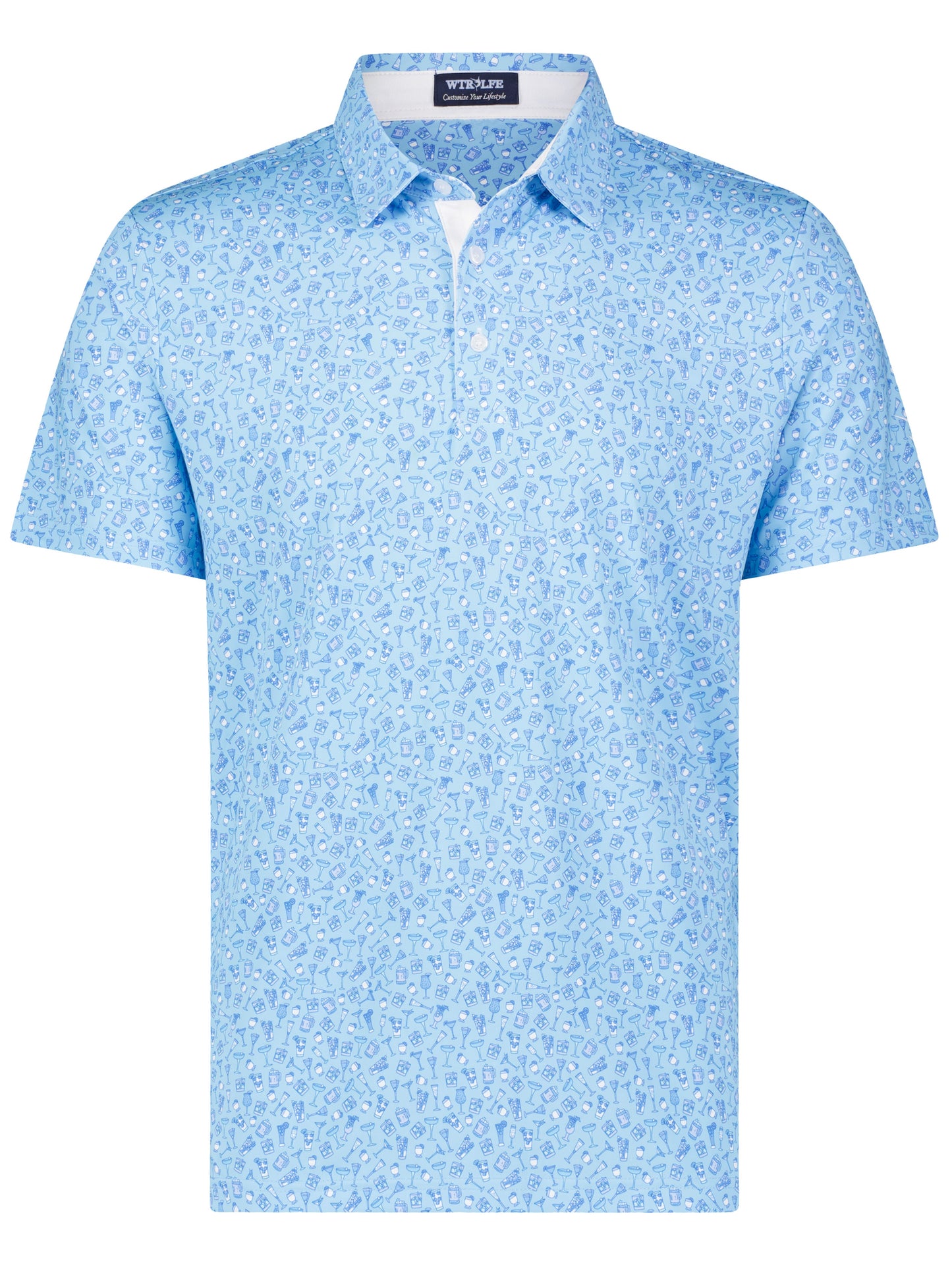 Spirits Print Polo light blue polo shirt with cocktail glass pattern by White Water Life on Tampa Home & Garden Store