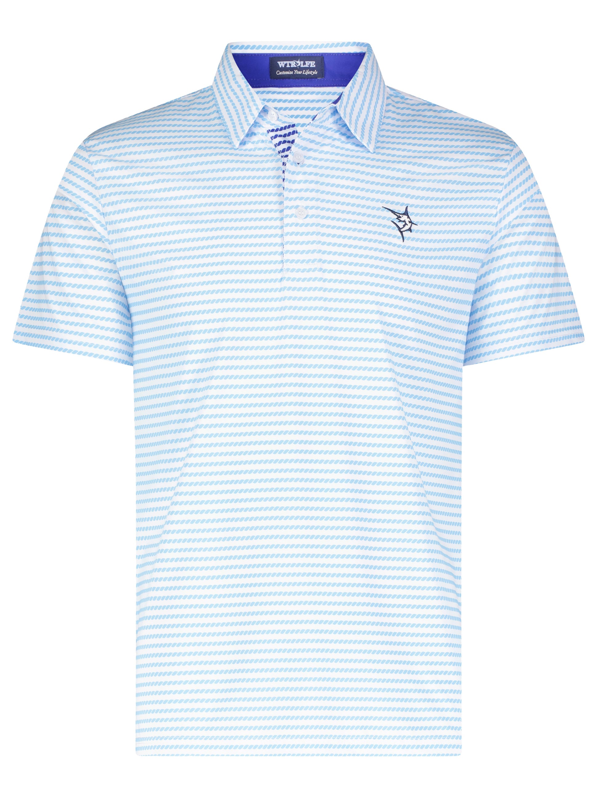 Dockline Striped Polo by White Water Life, light blue diagonal stripe polo with chest logo on Tampa Home & Garden Store