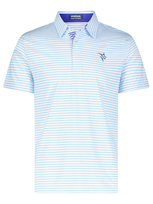 Dockline Striped Polo by White Water Life, light blue diagonal stripe polo with chest logo on Tampa Home & Garden Store