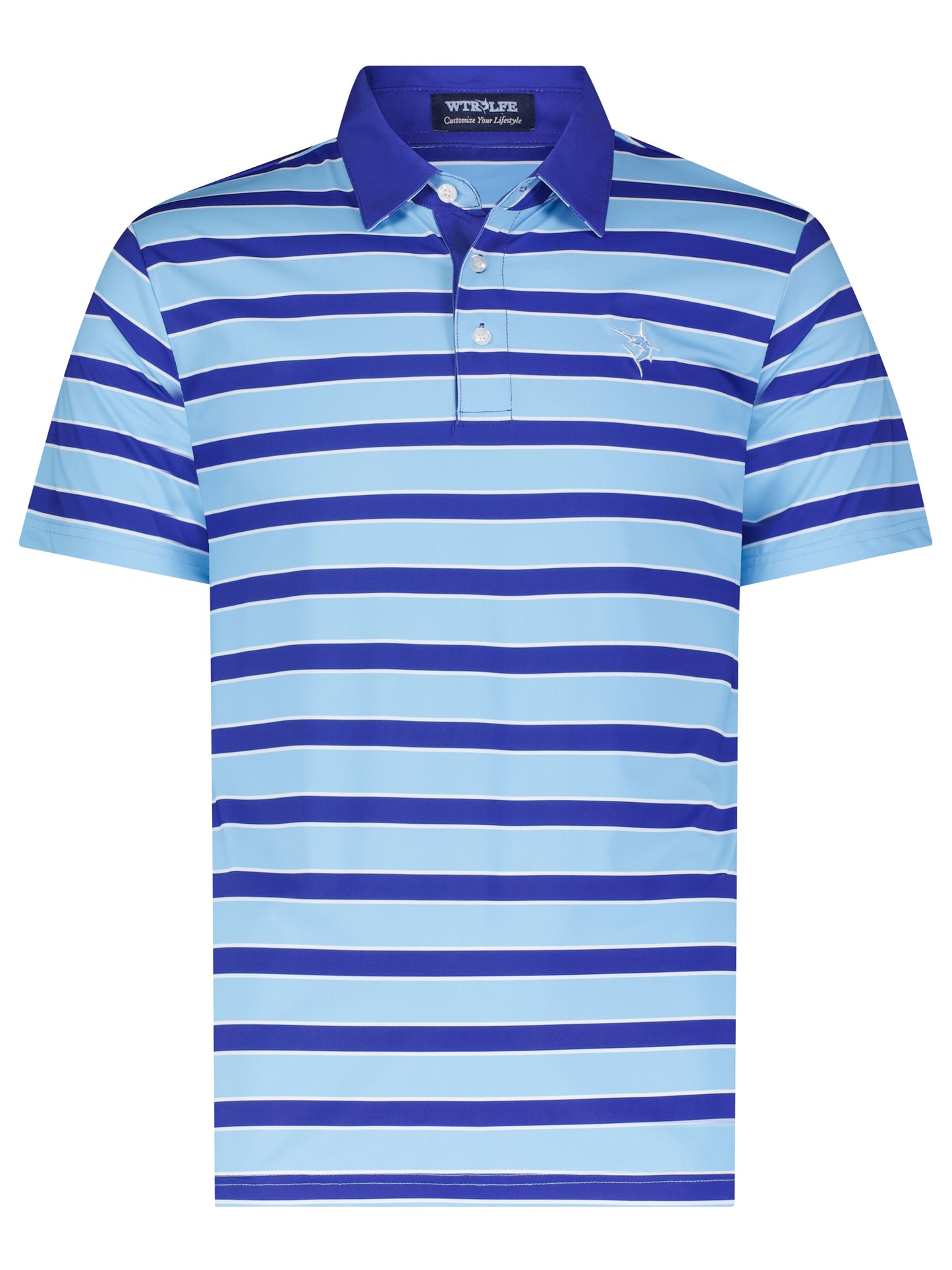 Fairway Striped Polo by White Water Life, blue and navy stripes with embroidered chest logo on Tampa Home & Garden Store