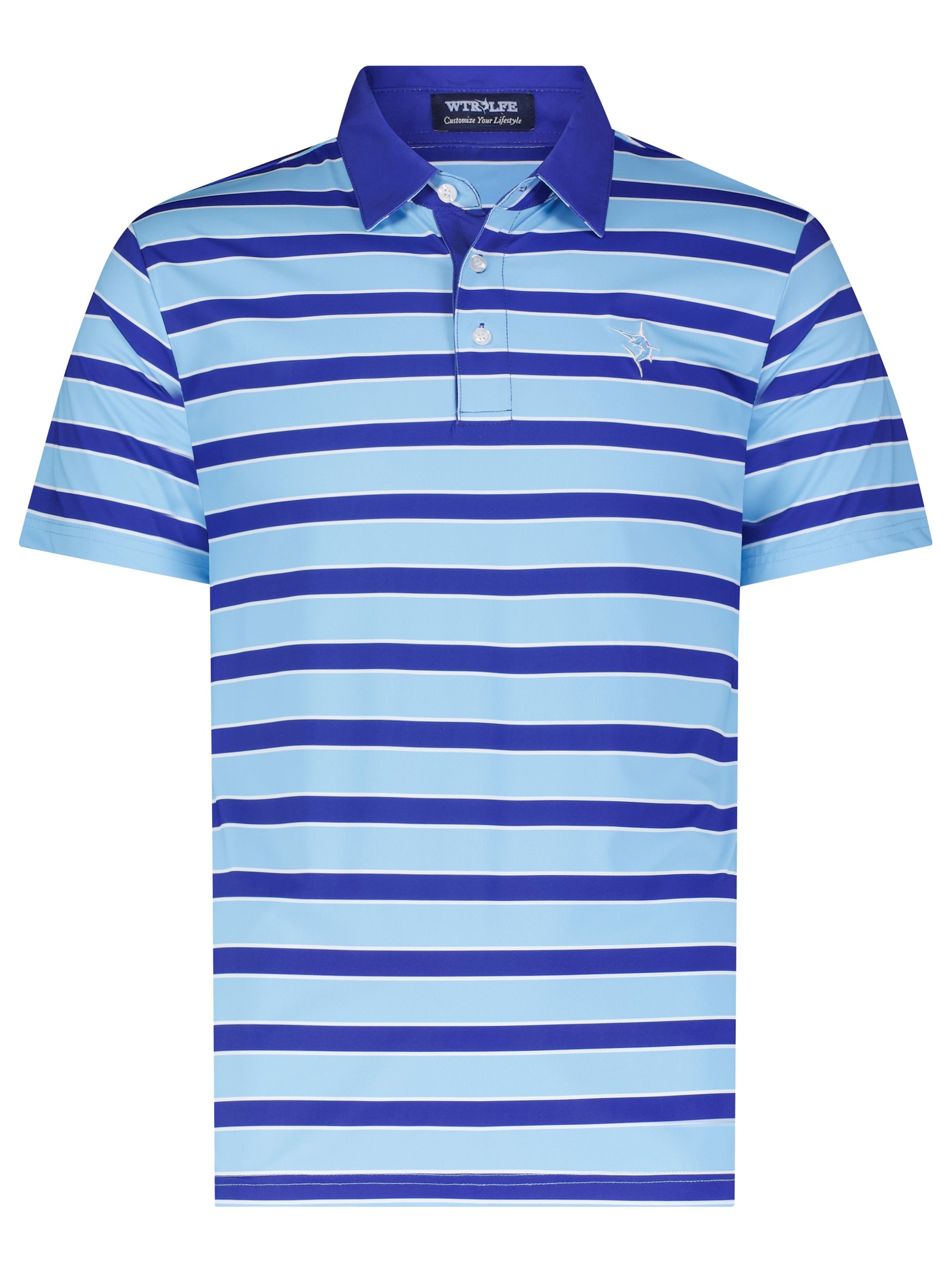 Fairway Striped Polo by White Water Life, blue and navy stripes with embroidered chest logo on Tampa Home & Garden Store