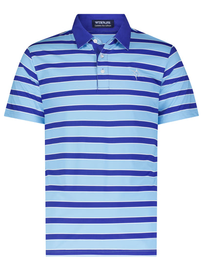 Fairway Striped Polo by White Water Life, blue and navy stripes with embroidered chest logo on Tampa Home & Garden Store
