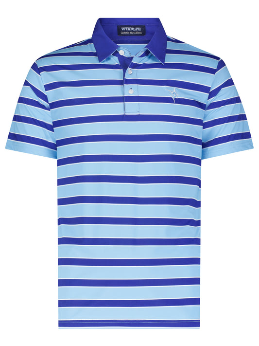 Fairway Striped Polo by White Water Life, blue and navy stripes with embroidered chest logo on Tampa Home & Garden Store