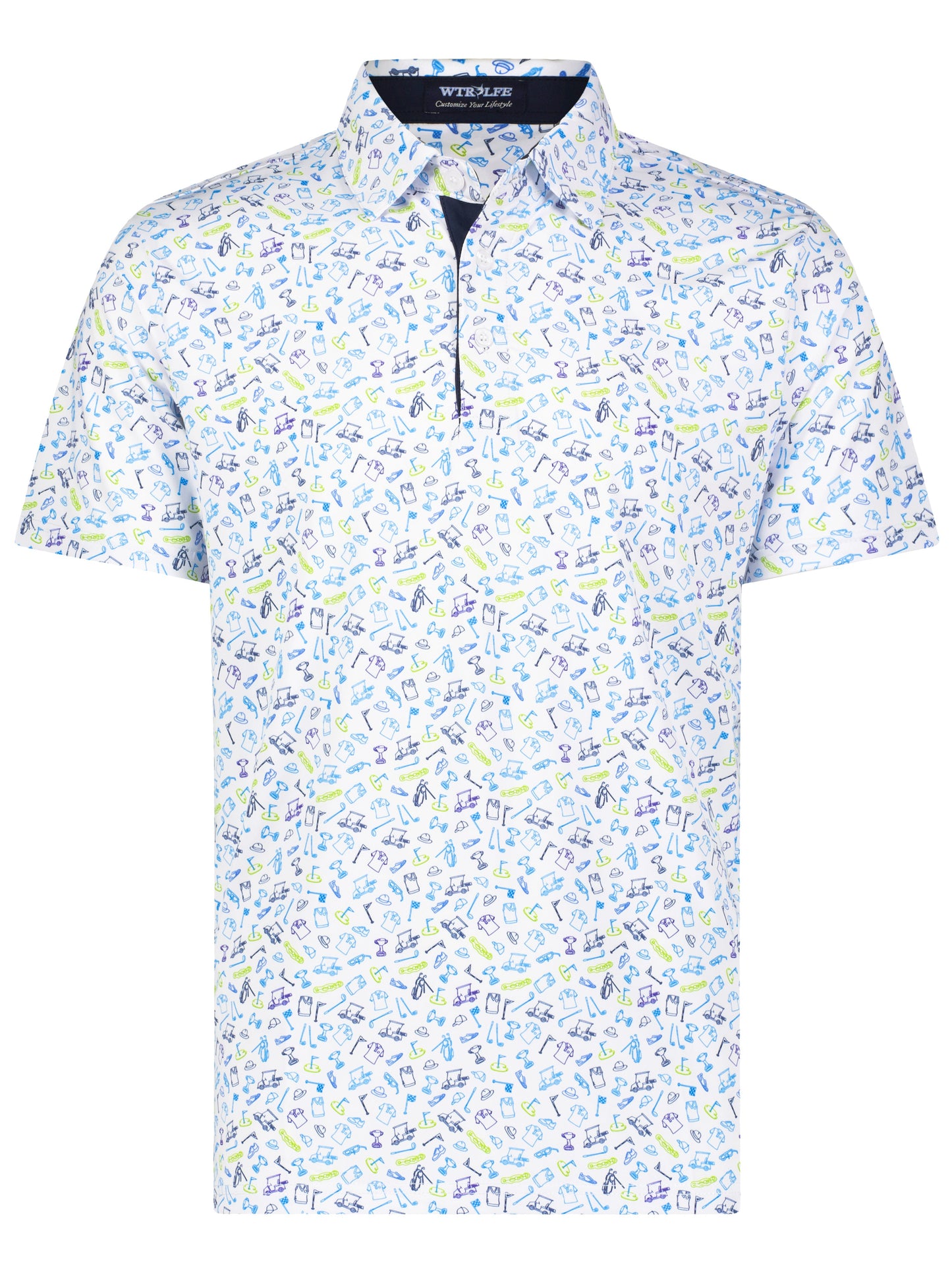 Links Print Polo by White Water Life, white base polo with allover golf-themed print on Tampa Home & Garden Store