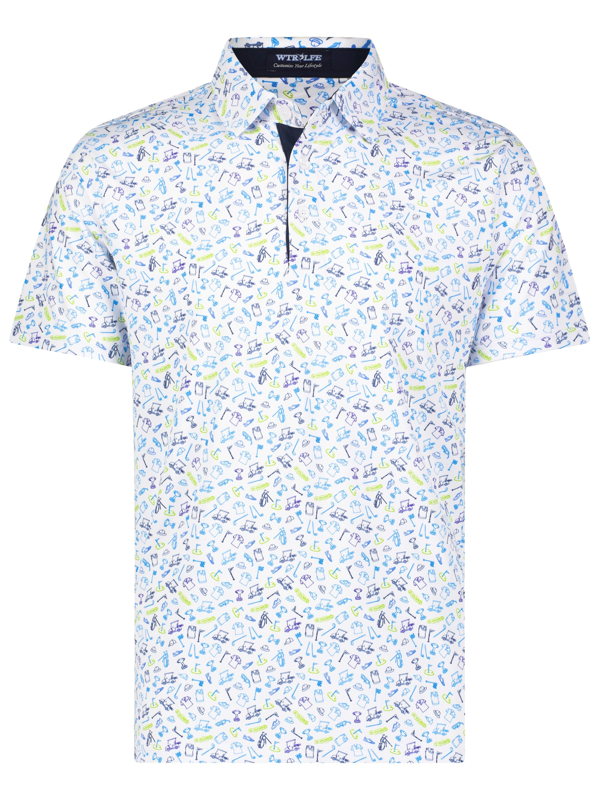 Links Print Polo by White Water Life, white base polo with allover golf-themed print on Tampa Home & Garden Store