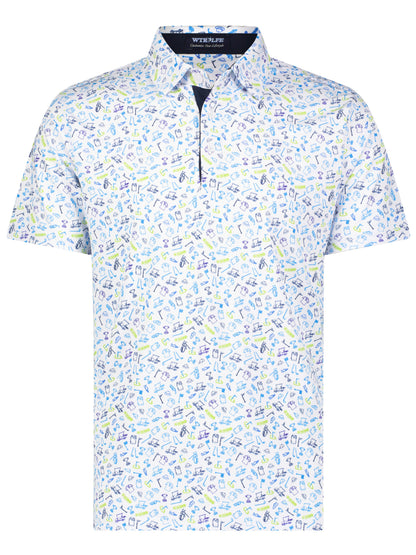 Links Print Polo by White Water Life, white base polo with allover golf-themed print on Tampa Home & Garden Store
