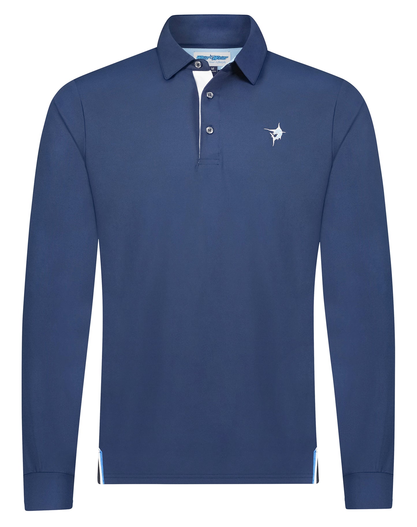Coast long sleeve polo navy with white left chest logo, White Water Life brand on Tampa Home & Garden Store