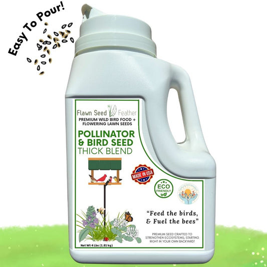 Pollinator & Bird Seed Thick Blend by Flawn Seed Kits in a white jug with green label and feeder on Tampa Home & Garden Store