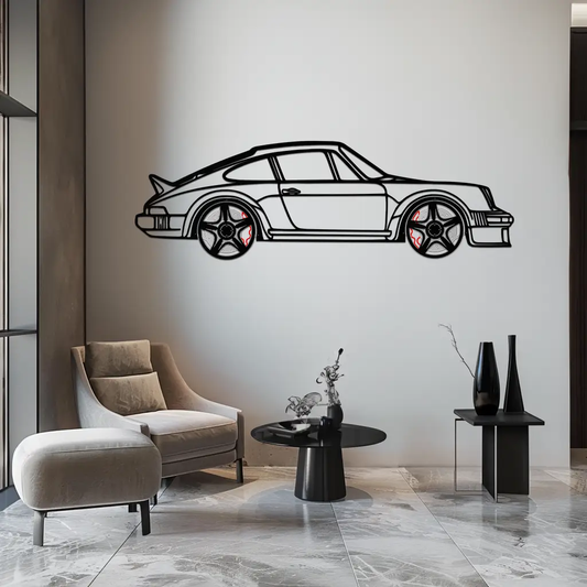 Porsche 911 SC metal wall art by Enova Art, black silhouette with red brake discs on Tampa Home & Garden Store