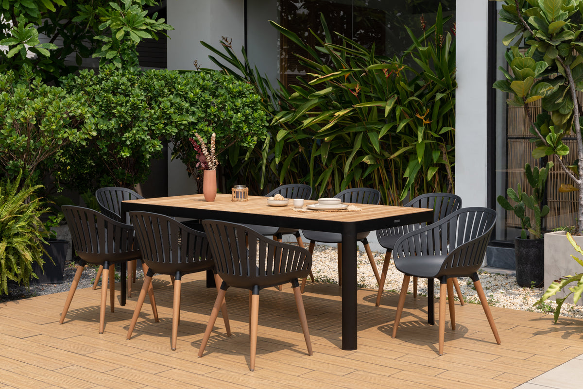 Portals dark rectangular teak dining table with 8 Nassau black chairs by LifestyleGarden US on Tampa Home & Garden Store