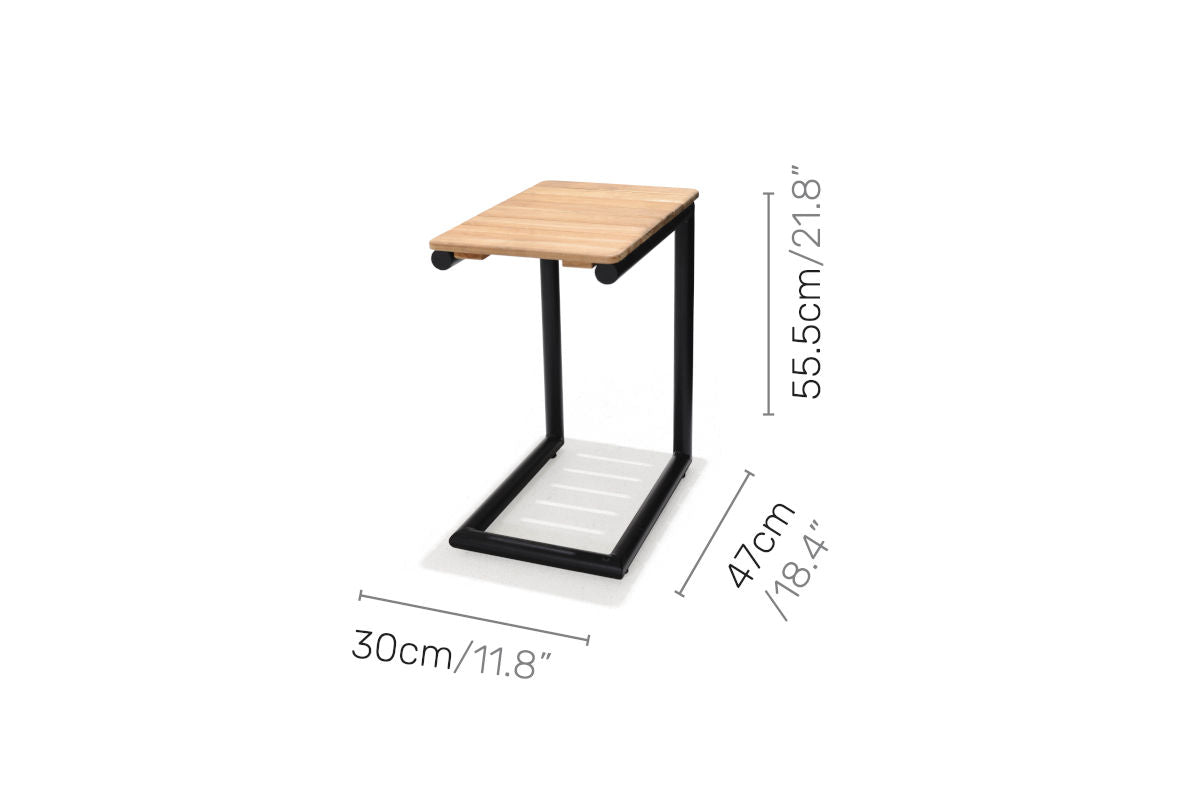 Portals Dark C-Shape Side Table Black outdoor table with wooden top and black metal frame on Tampa Home & Garden Store