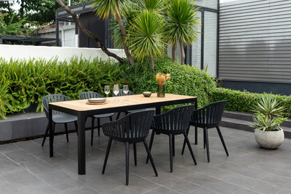 Portals dark rectangular teak dining table with 6 Nassau black aluminum dining chairs LifestyleGarden US on Tampa Home & Garden Store