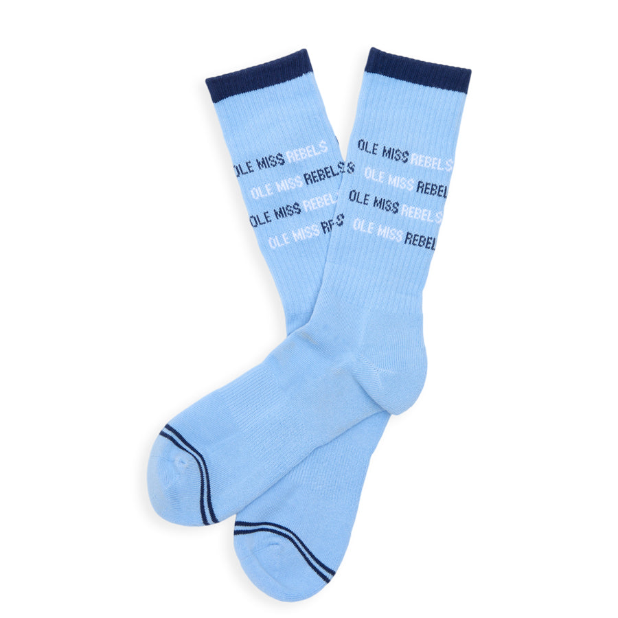 Ole Miss Square 4-Pack crew socks by DeadSoxy in light blue with navy top band on Tampa Home & Garden Store