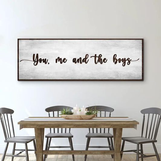You, Me, And The Boys Sign canvas wall art with dark wood frame on textured gray background on Tampa Home & Garden Store