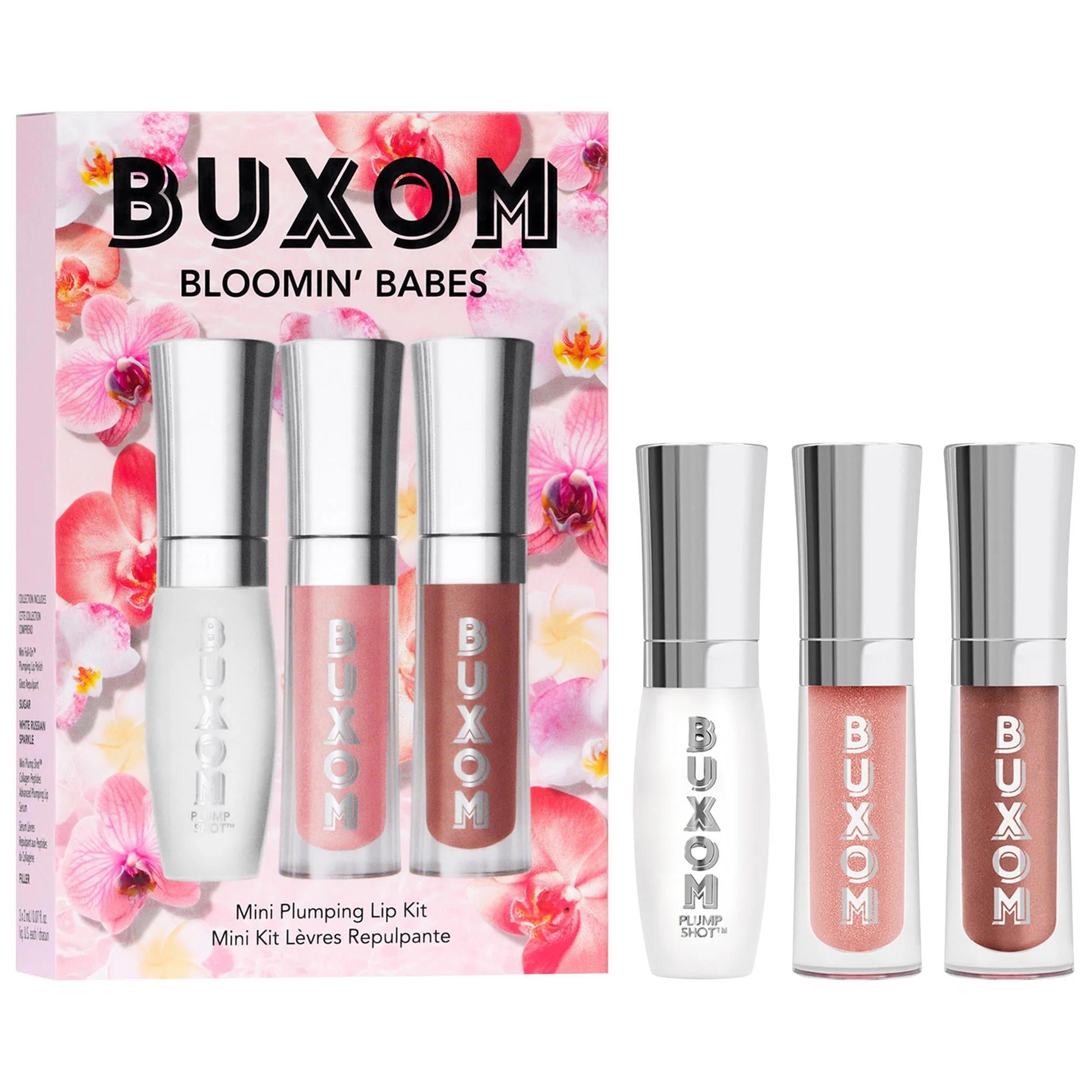 Mini Bloomin' Babes lip gloss trio by Beauty Care Bag with silver caps on pink floral box on Tampa Home & Garden Store