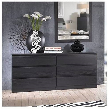 Cómoda doble moderna de 6 cajones con acabado de vetas de madera negra