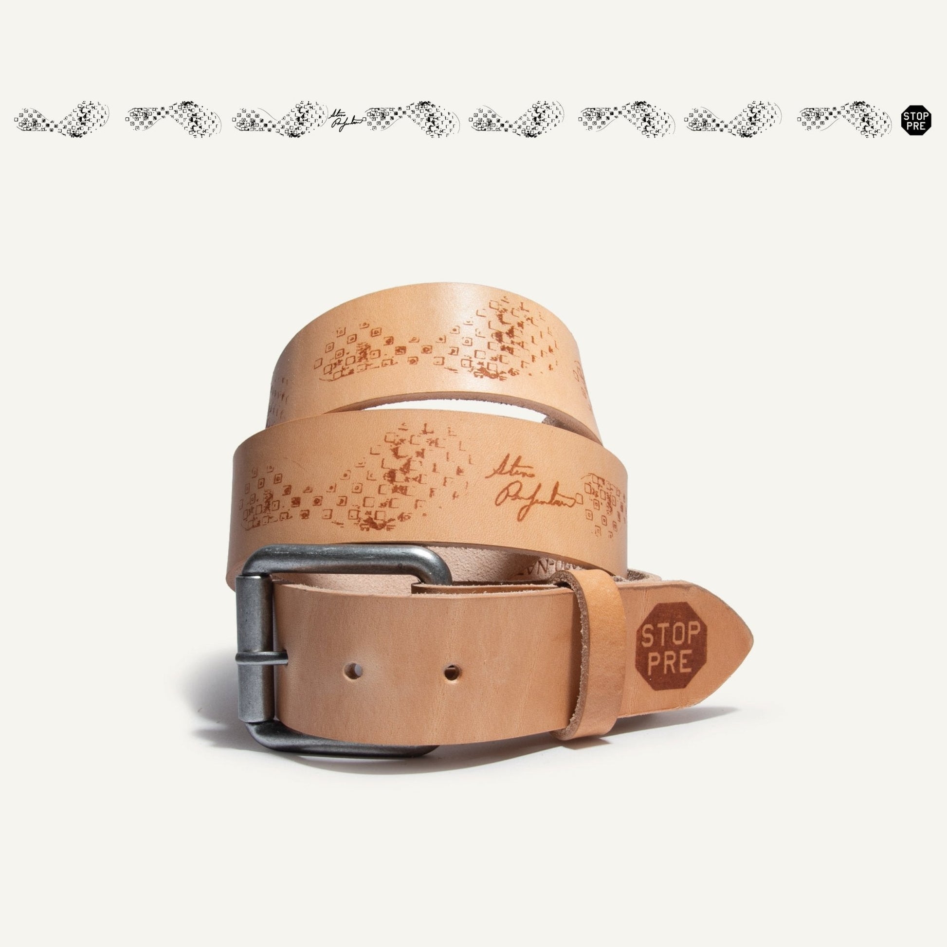 Belt Waffle Shoe Print in tan leather with Stop Pre patch by Will Leather Goods on Tampa Home & Garden Store
