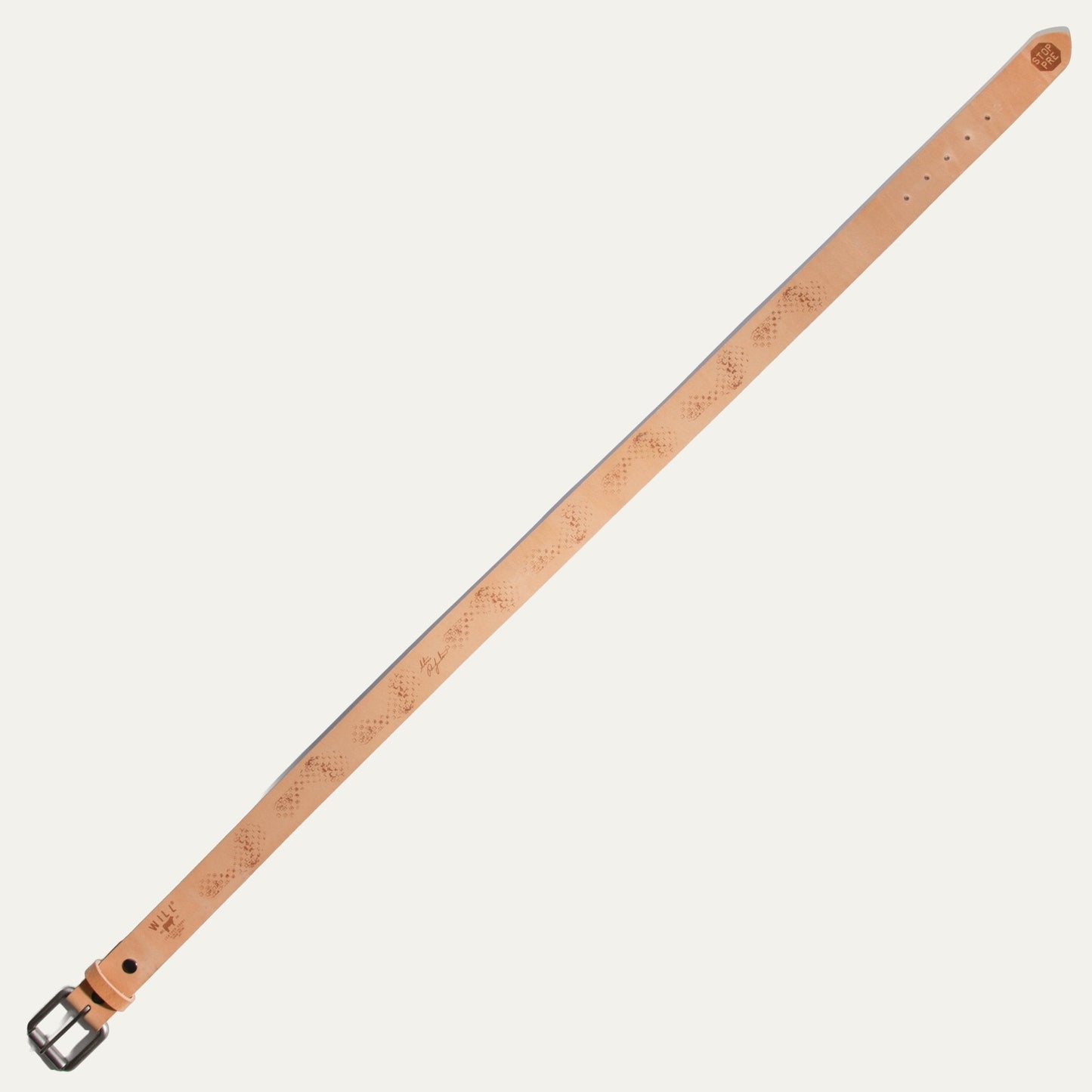 Will Leather Goods belt tan leather with embossed pattern, metal buckle, 5-hole adjustment on Tampa Home & Garden Store
