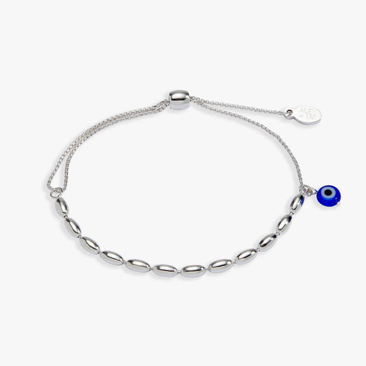 Evil Eye Pull Chain Bracelet by Alex and Ani, silver-tone chain with blue eye charm on Tampa Home & Garden Store