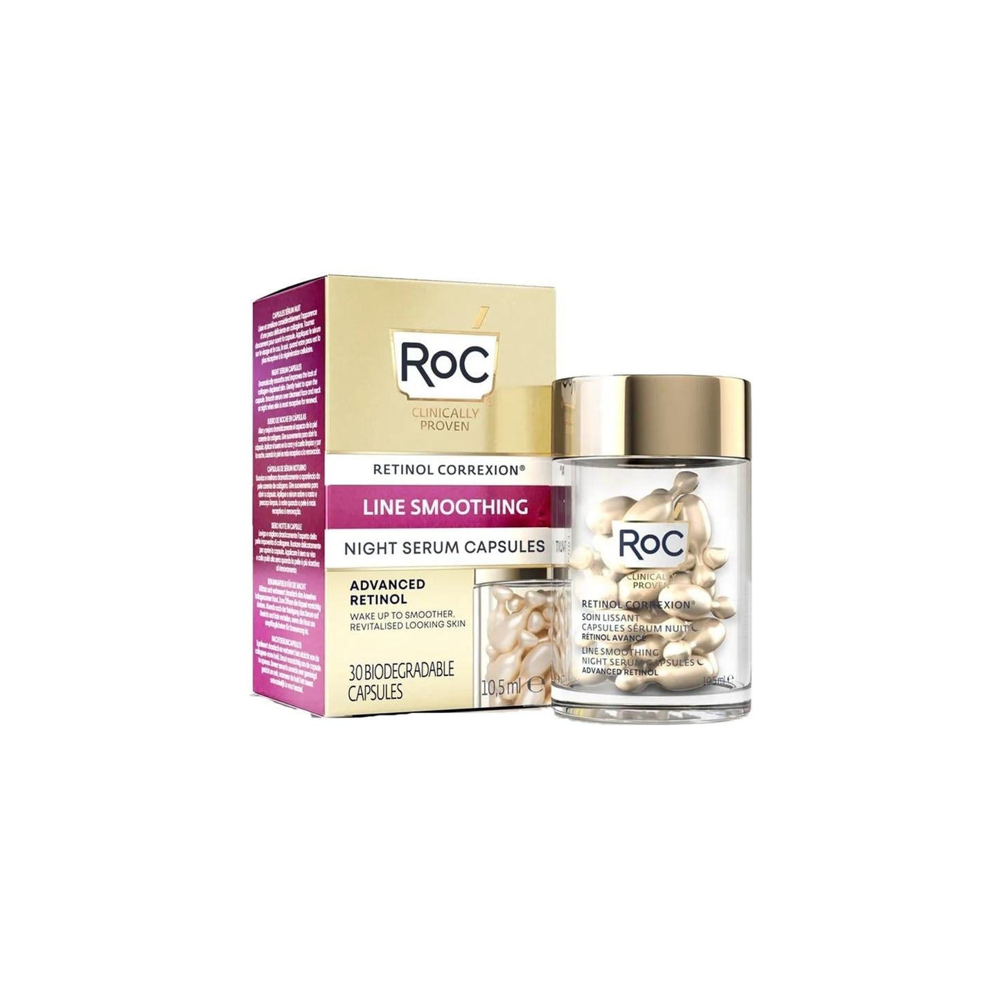 RoC Retinol Night Serum Capsules box and glass jar with gold cap, beige capsules, 2-piece set on Tampa Home & Garden Store