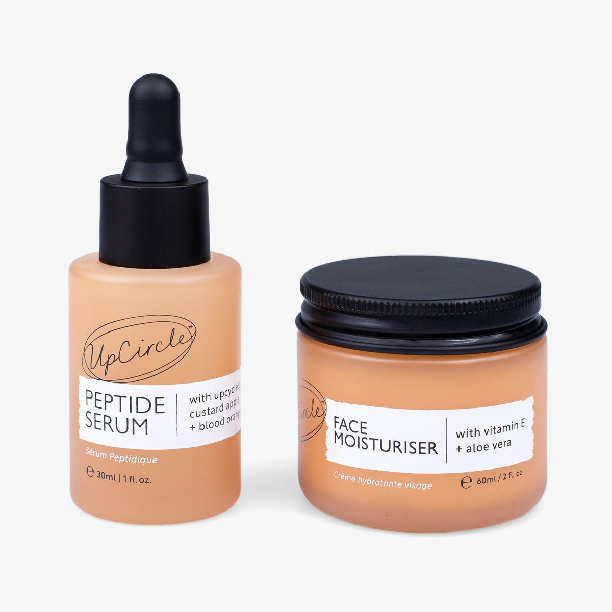 UpCircle Elasticity Boosting Duo: peptide serum dropper and face moisturiser in peach packaging on Tampa Home & Garden Store