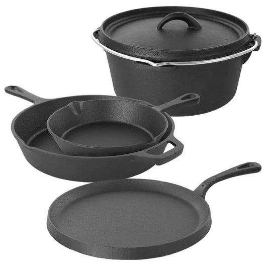 Juego de cocina de hierro fundido de 5 piezas con horno holandés, plancha y 2 sartenes