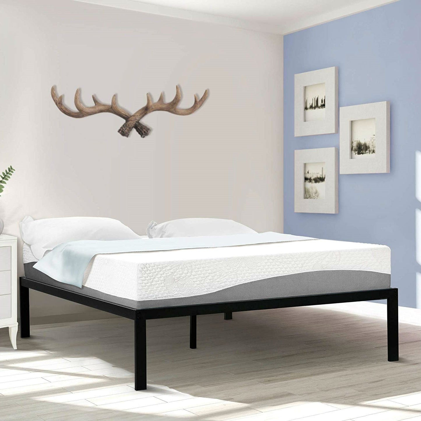 Base de cama de plataforma de metal resistente de tamaño completo de 16 pulgadas de alto