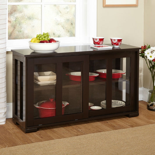 Aparador Espresso, Armario de Cocina con 2 Puertas Correderas de Cristal