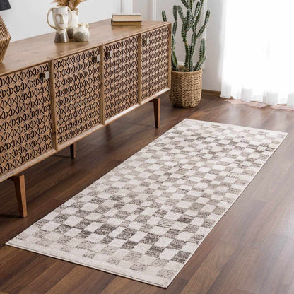 Benjy Irregular Checkboard Rug Beige runner by Boutique Rugs in a modern living room on Tampa Home & Garden Store