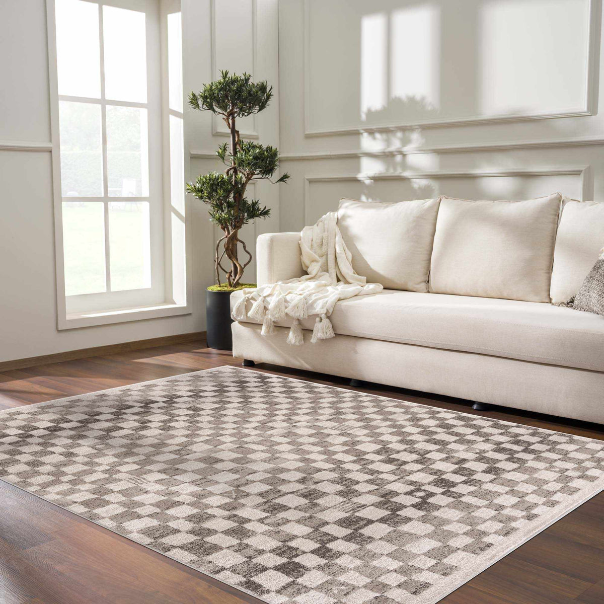 Benjy Irregular Checkboard Rug Beige by Boutique Rugs, checkerboard rug for living room on Tampa Home & Garden Store