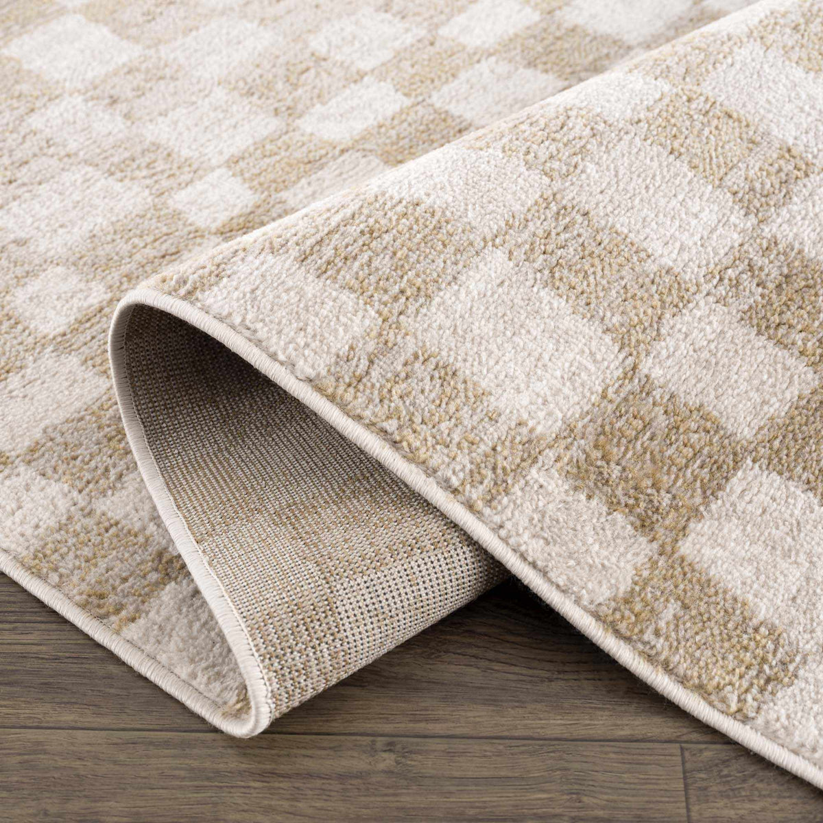 Benjy Irregular Checkboard Rug cream and gold by Boutique Rugs with rolled edge on Tampa Home & Garden Store
