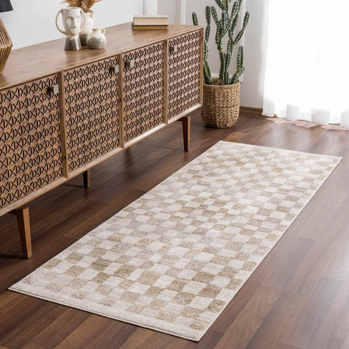 Benjy Irregular Checkboard Rug Cream & Gold in a modern living room on Tampa Home & Garden Store