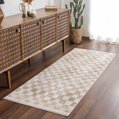 Benjy Irregular Checkboard Rug Cream & Gold in a modern living room on Tampa Home & Garden Store